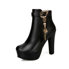 Cuban Heels Platform Ankle Buckle Strap Lita Booties with Side Zipper - Black