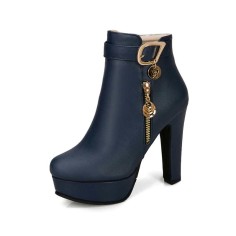 Cuban Heels Platform Ankle Buckle Strap Lita Booties with Side Zipper - Blue