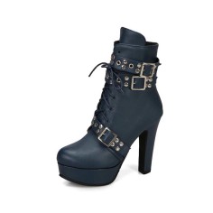Cuban Heels Lace Up Platform Triple Buckle Bondages Ankle Booties with Side Zipper - Blue