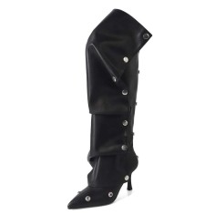 Pointed Toe Removable Rivet Buttons Stiletto Heels Stylish Knee Highs Booties - Black Faux Leather