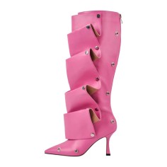 Pointed Toe Removable Rivet Buttons Stiletto Heels Stylish Knee Highs Booties - Pink Faux Leather