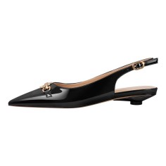 Pointed Toe Elegant Golden Buckle Slingback Flats - Black Patent