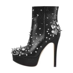 Round Toe Rhinestones Decorated Snake Pattern Zipper Stiletto Heels Ankle Pumps Booties - Black Faux Leather