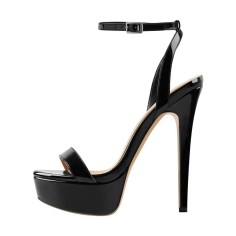 Peep Toe Ankle Buckle Slingback Stiletto Sandals - Black Patent