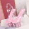 Rose Bouquet Platform Chunky Heels Peep Toe Ankle Straps Sandals - Pink