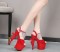 Revolver Gun Heel Peep Toe Platform Rinestones Crystal Decorated Sandals - Red