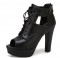 Peep Toe Cuban Heels Lace Up Platform Vamp Summer Ankle Booties with Back Zipper - Black