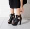 Peep Toe Cuban Heels Lace Up Platform Vamp Summer Ankle Booties with Back Zipper - Black