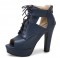 Peep Toe Cuban Heels Lace Up Platform Vamp Summer Ankle Booties with Back Zipper - Blue