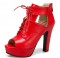 Peep Toe Cuban Heels Lace Up Platform Vamp Summer Ankle Booties with Back Zipper - Red