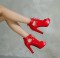 Peep Toe Cuban Heels Lace Up Platform Vamp Summer Ankle Booties with Back Zipper - Red