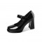 Medium Heels Toe Pumps Mary Janes Round Buckle Strap Leather Sandals - Black