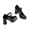 Medium Heels Toe Pumps Mary Janes Round Buckle Strap Leather Sandals - Black