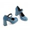 Medium Heels Toe Pumps Mary Janes Round Buckle Strap Leather Sandals - Blue