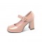 Medium Heels Toe Pumps Mary Janes Round Buckle Strap Leather Sandals - Pink