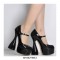 Bowling Round Heels Platform Mary Janes Round Toe Pumps  - Black Patent
