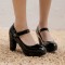 Chunky Square Heels Pumps Mary Janes Patent Button Decorated Strap Sandals - Black