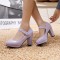 Chunky Square Heels Pumps Mary Janes Patent Button Decorated Strap Sandals - Lavender