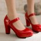 Chunky Square Heels Pumps Mary Janes Patent Button Decorated Strap Sandals - Red
