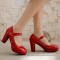 Chunky Square Heels Pumps Mary Janes Patent Button Decorated Strap Sandals - Red