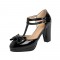 Chunky Square Heels Sweet Bowtied Mary Janes Double Buckle T-Strap Sandals - Black
