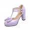 Chunky Square Heels Sweet Bowtied Mary Janes Double Buckle T-Strap Sandals - Lavender