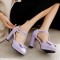 Chunky Square Heels Sweet Bowtied Mary Janes Double Buckle T-Strap Sandals - Lavender