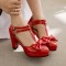 Chunky Square Heels Sweet Bowtied Mary Janes Double Buckle T-Strap Sandals - Red