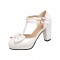 Chunky Square Heels Sweet Bowtied Mary Janes Double Buckle T-Strap Sandals - White
