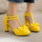 Chunky Square Heels Sweet Bowtied Mary Janes Double Buckle T-Strap Sandals - Yellow