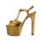 Chunky Heels Platform Peep Toe Rivet Decorated Ankle Buckle T Straps - Gold