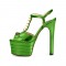 Chunky Heels Platform Peep Toe Rivet Decorated Ankle Buckle T Straps - Metallic Green