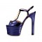 Chunky Heels Platform Peep Toe Rivet Decorated Ankle Buckle T Straps - Metallic Navy