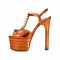 Chunky Heels Platform Peep Toe Rivet Decorated Ankle Buckle T Straps - Metallic Orange