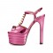 Chunky Heels Platform Peep Toe Rivet Decorated Ankle Buckle T Straps - Metallic Pink