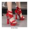 Square Heels Transparent Line Platform Peep Toe Rivet Decorated Ankle Buckle Straps with Back Zipper - Red