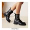 Chunky Heels Platform Buckle Straps Martens Patent Ankle Boots with Side Zipper - Black