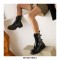 Chunky Heels Platform Buckle Straps Martens Patent Ankle Boots with Side Zipper - Black