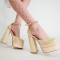 Chunky Heels Crystal Embossed Ankle Buckle Strap Spring Sandals - Beige