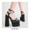 Chunky Heels Crystal Ribbon Ankle Buckle Strap Spring Sandals - Blue