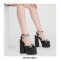 Chunky Heels Crystal Ribbon Ankle Buckle Strap Spring Sandals - Black