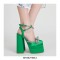 Chunky Heels Crystal Ribbon Ankle Buckle Strap Spring Sandals - Green