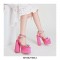 Chunky Heels Crystal Ribbon Ankle Buckle Strap Spring Sandals - Pink