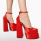 Chunky Heels Crystal Embossed Ankle Buckle Strap Spring Sandals - Red