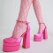 Chunky Heels Crystal Embossed Ankle Buckle Strap Spring Sandals - Rose Red