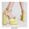 Chunky Heels Crystal Ribbon Ankle Buckle Strap Spring Sandals - Yellow