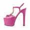 Chunky Heels Platform Peep Toe Rivet Decorated Ankle Buckle T Straps - Rose Red