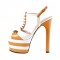 Chunky Heels Platform Peep Toe Rivet Decorated Ankle Buckle T Straps - Orange and White