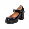 Square High Heels Square Toe Platform Pumps Mary Janes Buckle Strap Patent Sandals - Black