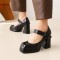 Square High Heels Square Toe Platform Pumps Mary Janes Buckle Strap Patent Sandals - Black
